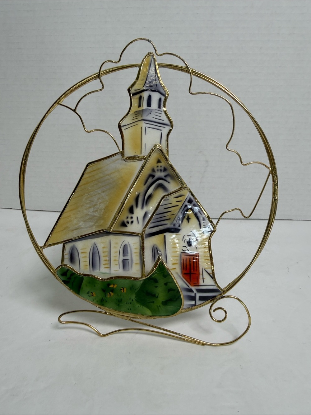 Vintage Stained Glass Church Suncatcher Tabletop Display Wire Frame Chapel